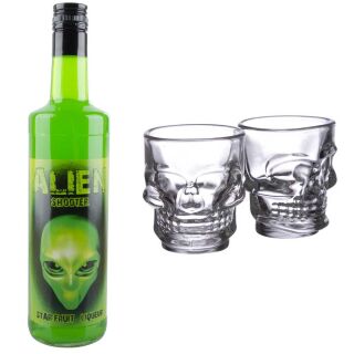 Krugmann Alien Sternfruch-Likör 17% Vol. 0,7L & Totenkopf Schnapsgläser 6cl