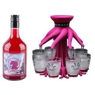 Bundel Schnapskrake Pink Shotverteiler & Einhorn Wildbeeren Likör 15% Vol 0,7L